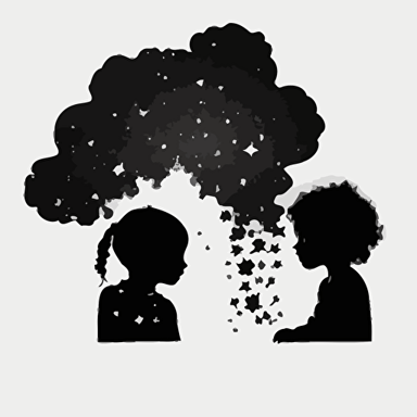 simple logo, vector, minimal, two black kids, boy and girl, kids sitting in a cloud, Silhouette of their heads, stars around them,
