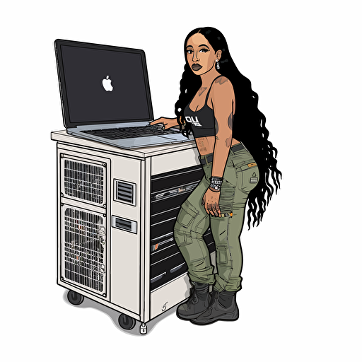 sticker, Cardi-B pushing a inovativ Deploy workstation, contour, vector, white background