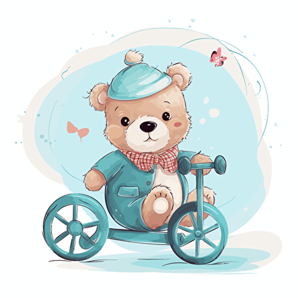 a baby bear riding a big wheel bike, cute, artistic, vector, white background