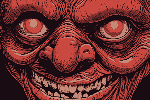 Close up shot of a deformed goblin with very asymetrical face by Paul Gustaf Dore. Grotesqu facial features, deformed, running on all four, hunched back, deformed teeth, red glowing eyes, ghoulish. biblical copperplate art, retro 90s box art, vector style, mainly red colours, inking, pixel art, high detail, less warm colors