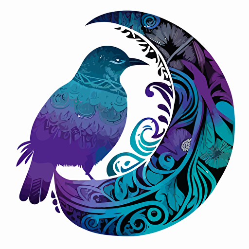 a petrel covered in beautiful detailed aboriginal and Māori designs, in teal, purple and blues on a white background in a half circle. Vector style.