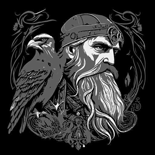 odin with a raven, blackwork, vector, artistic, detailed