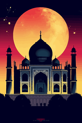 taj mahal, dramatic lighting, vibrant colors, faint clouds, front view, vector,