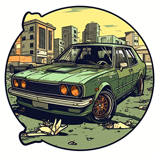 Stickers, vector art, gta 5 style, Wrecked car, dime is coming out from under the hood, windows are broken, one door is open, in the background is an intersection with a traffic light