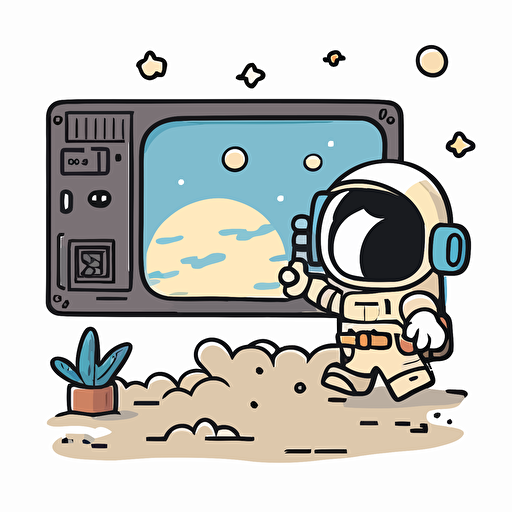 draw a 2D vector, cartoon, happy scene about astronaut, a simple drawing, in color but bordered with a black line, flat drawing and without details on a white background