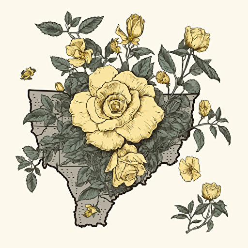 Vector drawing of the state map of Texas with small yellow rose flowers inside