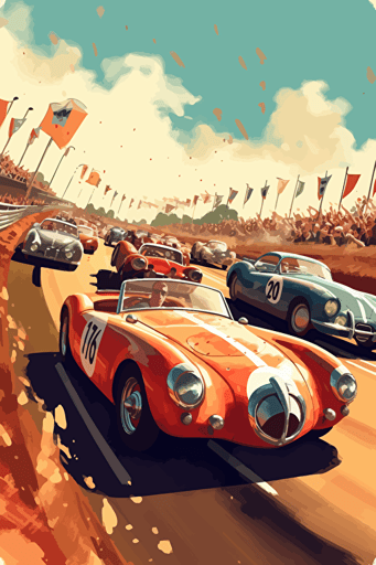 poster cartoon style, 1950's racing event, speed, flags, hot wheels loops::2, spectators, summer, vector art, light colours,