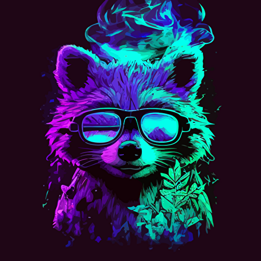 racoon caracter, glasses, smiling, high of marihuana, looking like a junky, simple vector art style, simple illustration, vector, hdr, purple and neon blue. color,