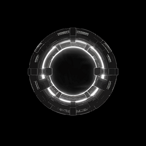 ring shaped spaceship on black background, 2d vector, gray tones