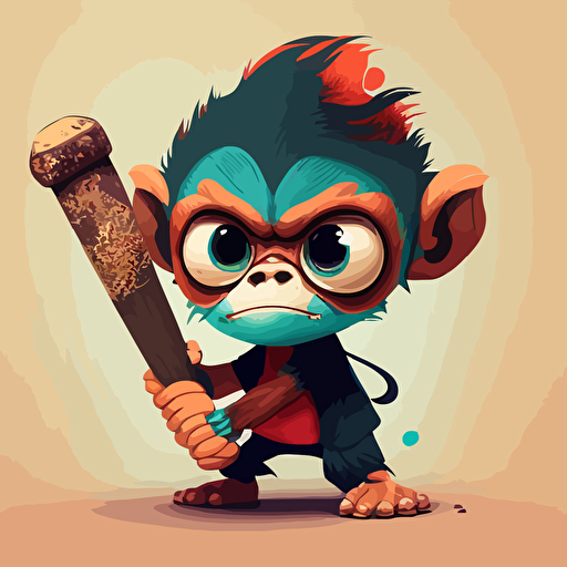 colorful vector art of a cute and angry baby spider monkey holding a baseball bat