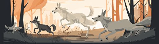 cartoon vector illustration of a wolf pack running and hunting rabbits in a forest