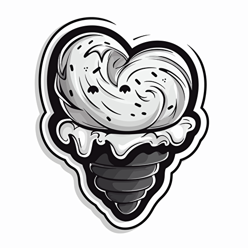 a cartoon style sticker, in black and white, showing an ice cream inside a heart, vector,