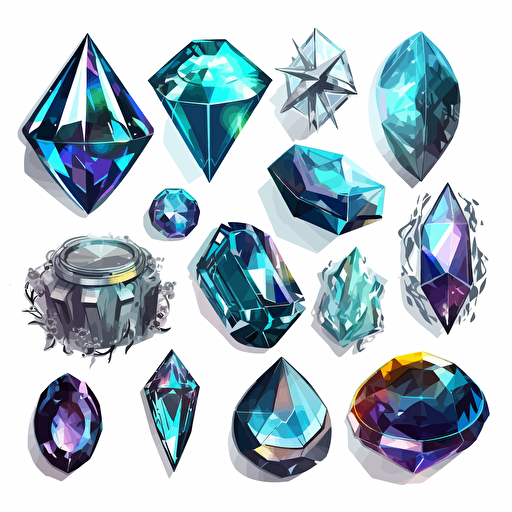 Collection of futuristic cut jewels, cyber punk, translucent, shiny object, high detail, symmetrical, vector, cartoon, white background