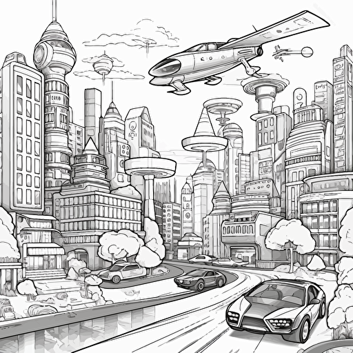 Futuristic City. Many Flying Cars. Black and White. Cartoon. Coloring page. Vector. Simple.