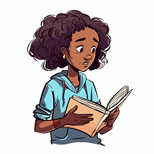 young black girl 12 years old reading a book. Vector cartoon doodle style, duo color, plain white background