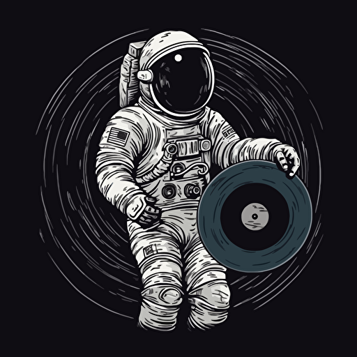 an astronaut holding a big vinyl,his whole body can be seen, 2d vector on black background