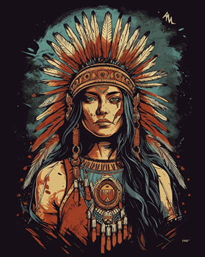 Art style, beautiful native american girl with a chief headress, logo vector