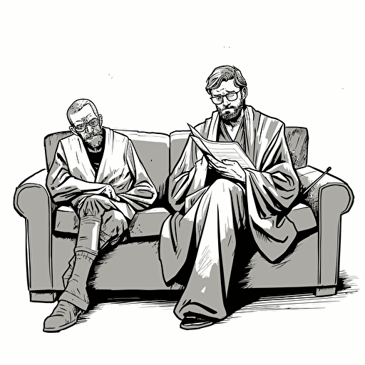 luke skywaker in jedi robes holding a lightsaber, lying on a psychiatrists couch looking worried and confused. as a psychiatrist wearing a suit and wearing glasses, writing in a notebook, is sat opposite in a big leather chair, comic book style vector drawing white background