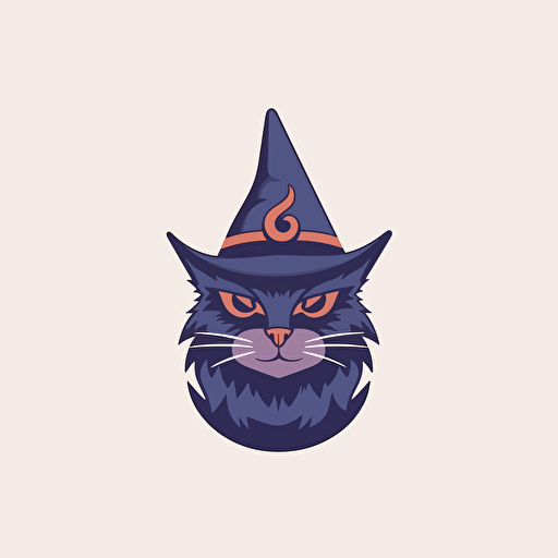 logo design, flat 2d vector logo of a cat in a pointed wizard hat, muted purple and blue colors, 80s, harry-potter-inspired