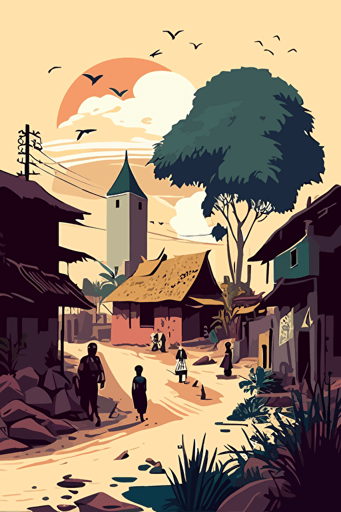 village in Nigeria, svg vector image, subtle pale colors
