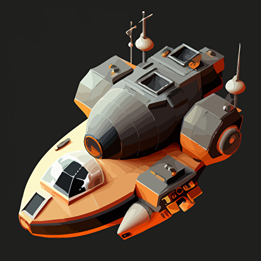 space vessel, vector, simple, minimalistic, isometric, orange and grey, black background