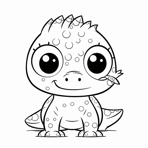 cute dino, big cute eyes, pixar style, simple outline and shapes, coloring page black and white comic book flat vector, white background