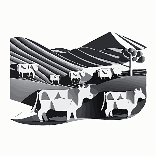 rolling feilds farm with close up of cows in style of charles williams, black and white, flat, vector, line drawling, white background ar 1:1