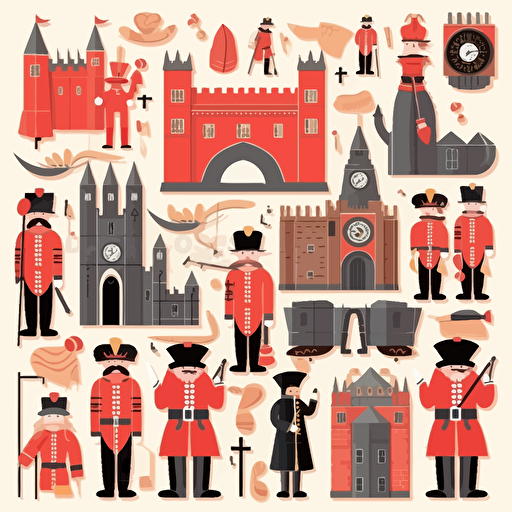 beefeaters yeoman warders, plus tower of london and ravens, a set of stickers paper cutouts for scrapbooking collage. Vector image of Westminster London, full view, highly quality, no text, illustration,