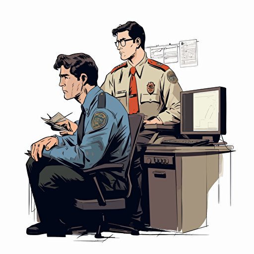 clark kent and security guard, concept art, vector drawing, sitting down in front of a computer, two people, security guard looking over shoulder