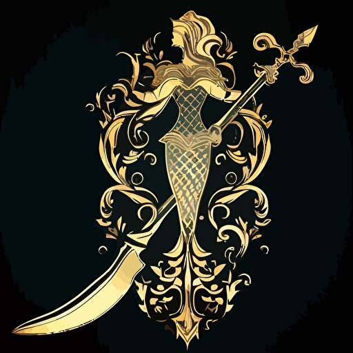 duelist rapier sword Gold hilt modeled in the shape of a mermaid silhouette. Blacksmith design style, goldsmith, vector drawing style