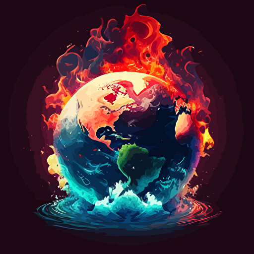 Square format 2d vector of planet earth being engulfed in a tidal water wave and 2d vector flames in the background