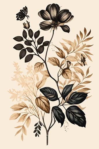 beige and black watercolour botanical illustration, vector