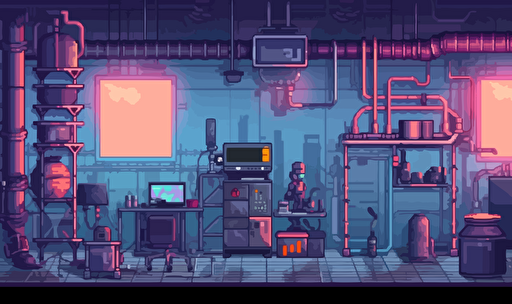 2d pixel art room with abandoned laboratory equipment, tanks, pipes, monitors, bright foggy pixel art vibe, separate 2d components placed around room, flat vector style,