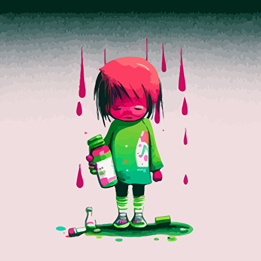 vector,splashy,pink,green,kid,holding pills bottles in hands,depressed,sad,crying