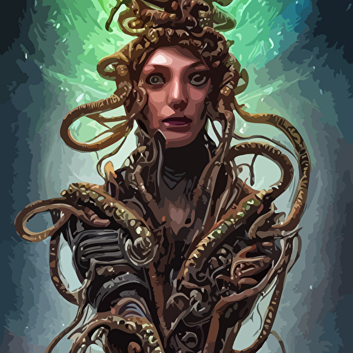 highly detailed intricately hd mixed media digital artwork piece epic fantasy comic book style portrait painting beautiful intimidating nebulapunk medusa symmetrical facial features lots large cyberpunk cybernetic bio luminiscent snakes hair awesome pose centered body vibrant dark mood unreal 5 hyperrealistic octane render cosplay rpg portrait sci fi arthouse dynamic lighting atmospheric lighting aetherpunk intricate detail cinematic hdr digital painting 8k resolution enchanting otherworldly sense awe award winning picture hyperdetailed blurred background digital airbrush painting backlight 3d rim light gsociety trending artstationhq maximalist dreamscape rococo baroque surreal dark art iridiscent accents bokeh cosmic horror lovecraftian style accurately symmetrical portrait glowing rich colors 300 dpi 3d final render 3d shading psychedelic highlights dramatic shadows anamorphic lens concept art smooth illustration ethereal bubbles psychedelic overtones