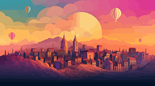 a European city with cryptocurrency rising into the sky, vector, gradient, lower poly