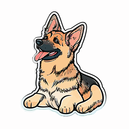 cute happy german shepherd dog, kawaii, 2d vector sticker design, contour, white background