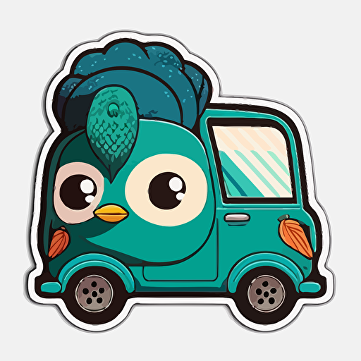 kawaii pavo real montado en un carro pixar style, 2d flat design, vector, cut sticker