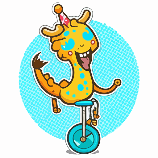 sticker, happy giraffe riding a unicycle, colorful, kawaii, vector, contour, white background