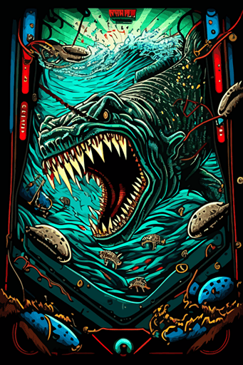 1990 pinball playfield art, gorilla fighting a shark, vector style