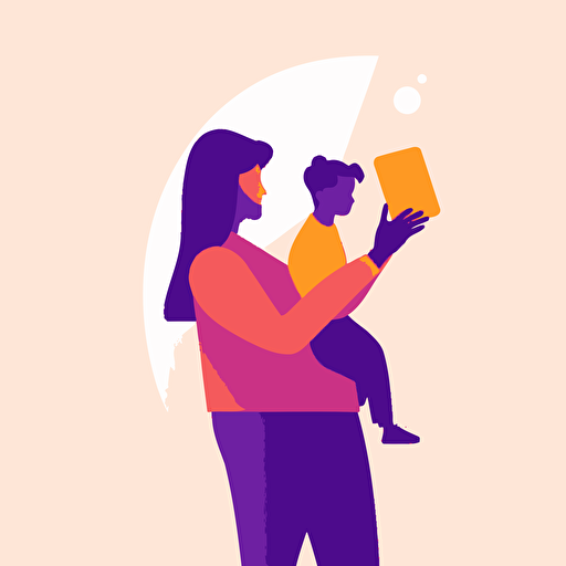 parent and child interacting with ipad, minimal coloful vector illustration png