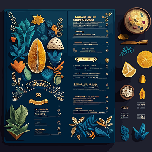 Restaurant, Latin Food menu designs, [dark blue, light blue, oraange, gold, and brown, color scheme here]::3 modern, clean, design, vector, items, food, RTX