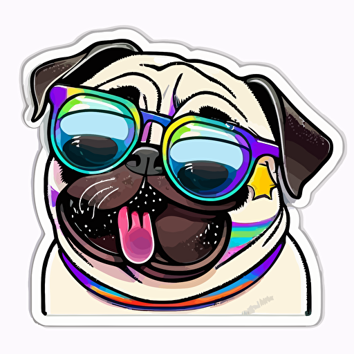 sticker, Cool Happy colored Pug with sunglasses, kawaii, contour, vector, white background