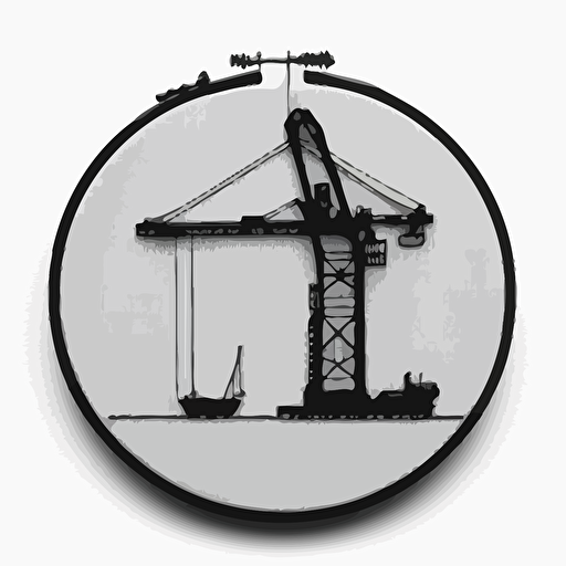 port, portal crane, white background, vector, minimalism, black thread embroidery