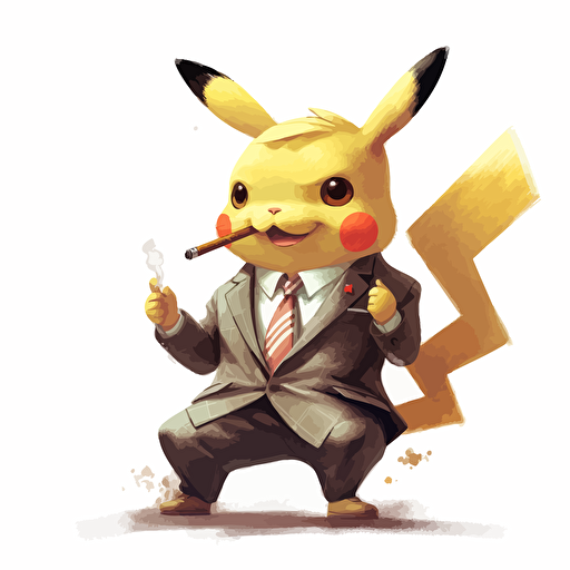 pikachu in a business suit, smoking a big cigar, vector art, 2d, white background