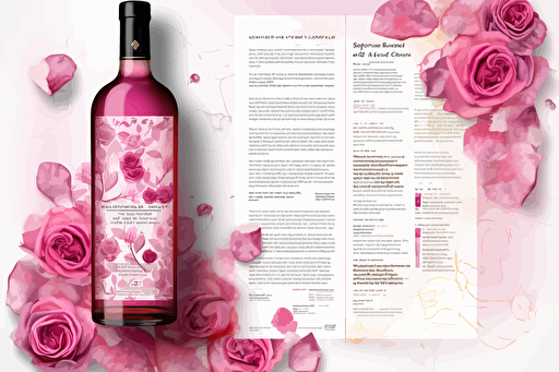 alcohol brand vectorized sales sheet design layout, full resolution, pink white, pink rose petals , illustrator