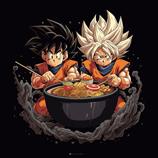Goku vs Kirby ramen eating contest. Vector image. Drawing. High detailed. Black background.