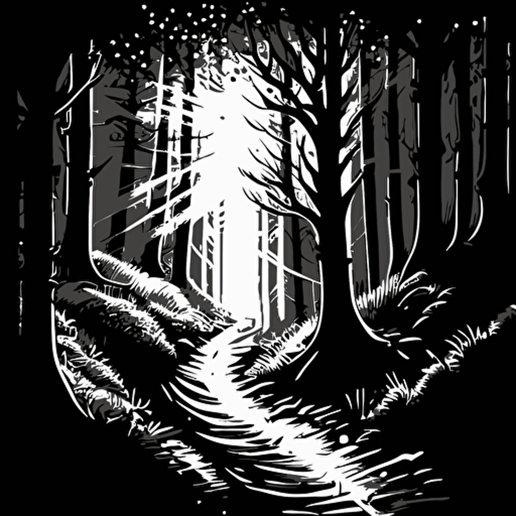 Light shining through the trees in a forest, with a winding path extending toward the light, flat vector art, black and white