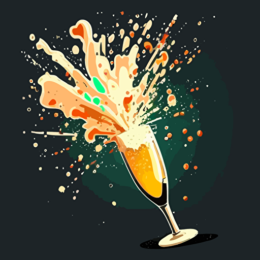 exploding champagned flute in a vector art cartoon style, flat color,