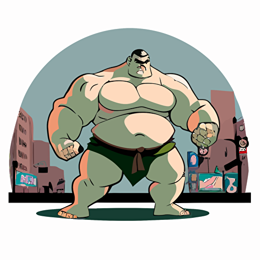 ogre in a sumo match, in bad part of city, vector logo, vector art, emblem, simple cartoon, 2d, no text, white background